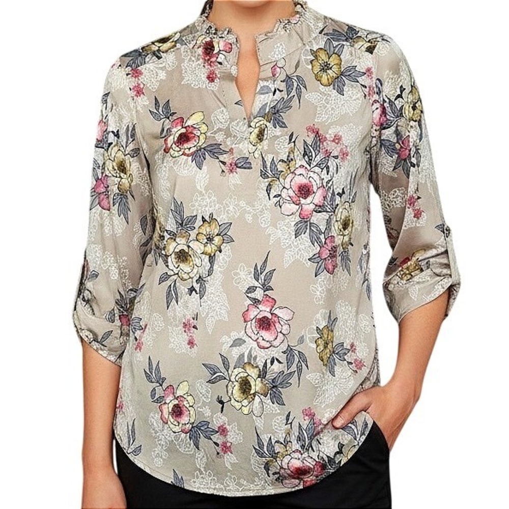 PerSeption Concept Womens Floral Ruffle Neck Blouse Taupe Pink Yellow Size M‎